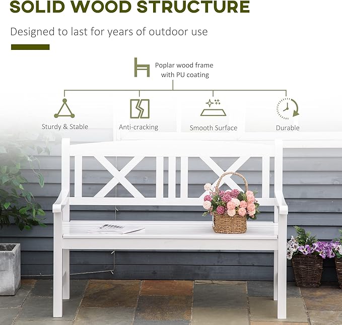 Outsunny 2-Seater Wooden Garden Bench, 4FT Outdoor Patio Loveseat with Unique X-Shape Back for Yard, Lawn, Porch, White