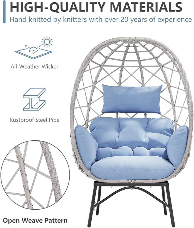 SWITTE Wicker Egg Chair Outdoor, Oversized Patio Lounge Chairs with Cushion for Indoor Living Room, Bedroom, Outside Backyard Balcony-Light Blue