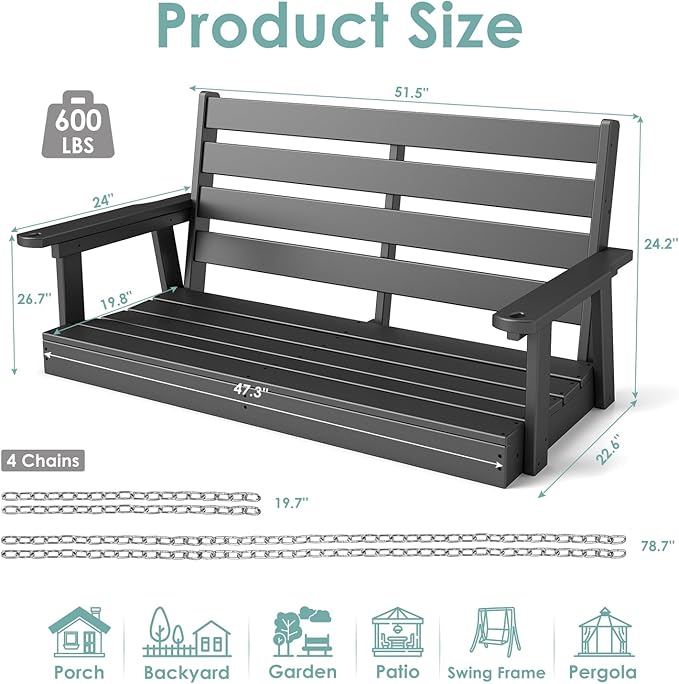 IVY&LANE Outdoor Porch Swing | HDPE Plastic | 2-Person | Hanging Bench Swings | Weatherproof | 4 Stainless Steel Chains | Black | for Outside Patio Garden Backyard Tree