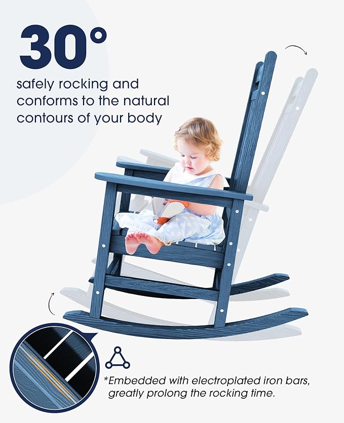 KINGYES Oversized Outdoor Rocking Chair Set of 6, All-Weather Patio Rocking Chairs for Porch, HDPE Outdoor Patio Rockers with High Back & Wide Seat for Garden, Lawn, Blue