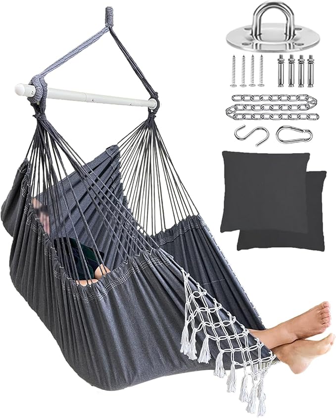 MIZTLI Hammock Chair Hanging Chair Swing Chair XXL Large Macrame Swing Indoor Hammock for Bedroom - Max 500 Lbs - 2 Cushions & All Hanging Kit Included