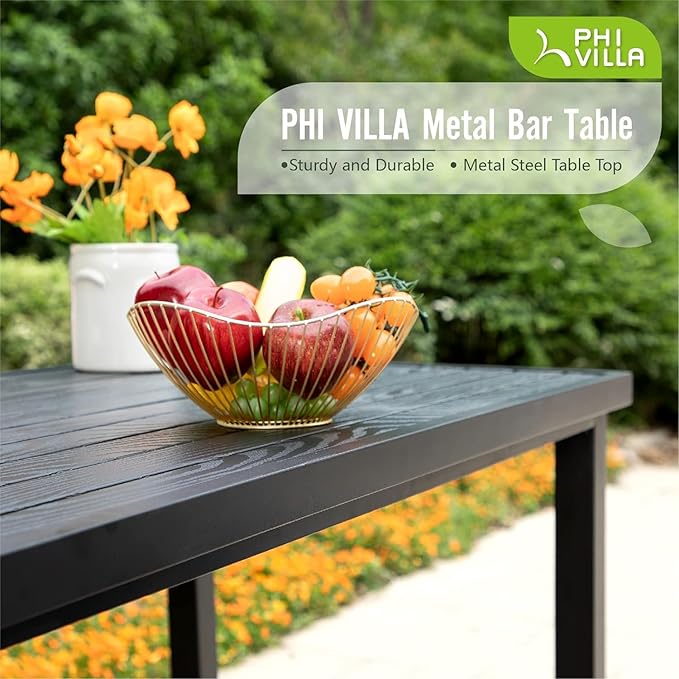 PHI VILLA 5 Piece Patio Bar Set, Black Wood Grain Metal Bar Table & 4 Wicker High Bar Stools, Bar Height Outdoor Dining Set for Porch, Yard, Deck, Poolside