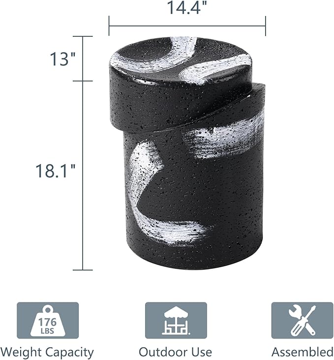 COSIEST Outdoor Side Table Black, Cylinder Shaped MgO Concrete Side Table, Lightweight Accent Table w Scrawl Patio End Table, Round Plant Stand for Garden and Deck