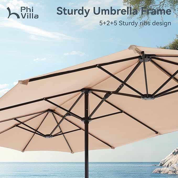 PHI VILLA 8 Piece Patio Dining Set with 13ft Patio Umbrella (Beige), 6 Outdoor Padded Swivel Dining Chairs & 1 Large Metal Dining Table with 1.57" Umbrella Hole, for Lawn Garden Backyard