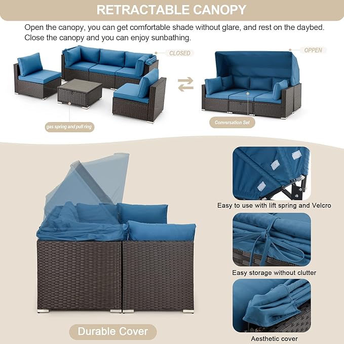 Vicluke 6 Pieces Patio Furniture Sets Outdoor Sectional Sofa Set Rattan Daybed with Retractable Canopy, Adjustable Backrest, Storable Tea Table Rectangle Sunbed for Backyard Garden Poolside(Blue)