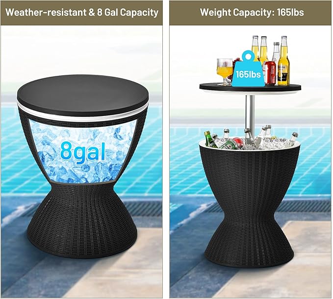 Tangkula Outdoor Cool Bar Table, Rattan Patio 8 Gallon Beer and Wine Cooler, All-Weather Ice Bucket w/Height Adjustable Top, Drainage Plug, 3-in-1 Cocktail Coffee Table for Party, Picnic (Black)