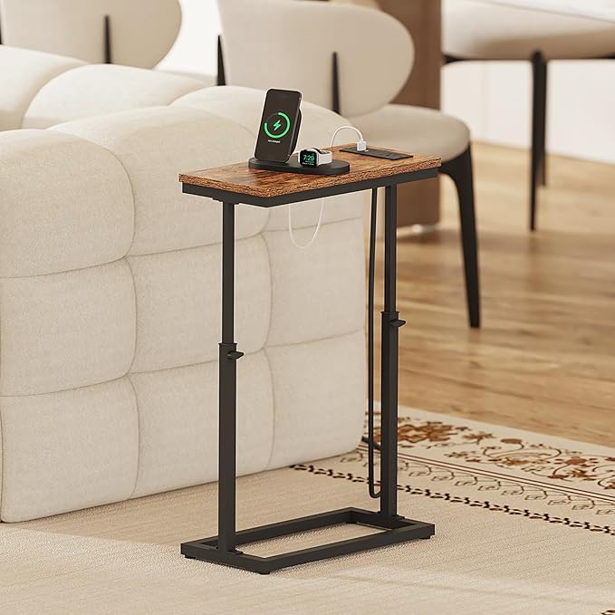 TUTOTAK End Table with Charging Station, Side Table, Tall Couch Table, Sofa Table, Living Room, Bedroom,Brown TB01BB084