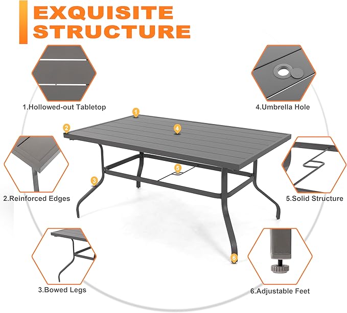 NUU GARDEN 7-Piece Outdoor Dining Set for 6, 61'' x 37'' Rectangle Metal Table with Umbrella Hole & 6PCS Textilene Swivel Chairs, All-Weather Patio Outdoor Furniture for Porch Backyard Garden Poolside