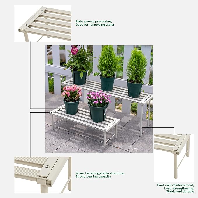 Metal Plant Stand, Rust-proof Aluminum Flower Pot Stand, Heavy Duty Planter Display Shelving for Patio Balcony Garden Living Room Decorative (White, 35.4 Inch)