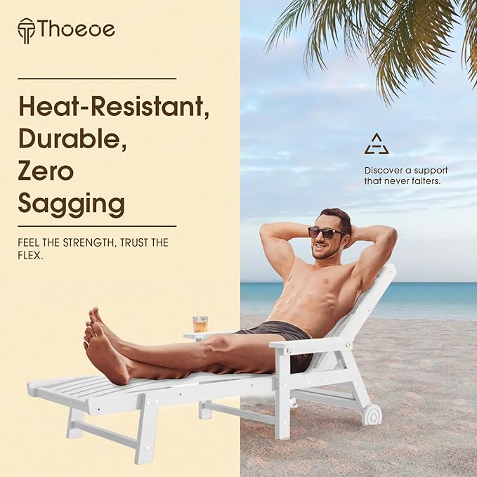 Patio Chaise Lounge Chair Set of 4, Oversized Lounge Chair Outdoor with 5 Positions, HDPE, Patio Lounge Chair with Wheels & Cup Holder for Pool, Deck, Poolside,White