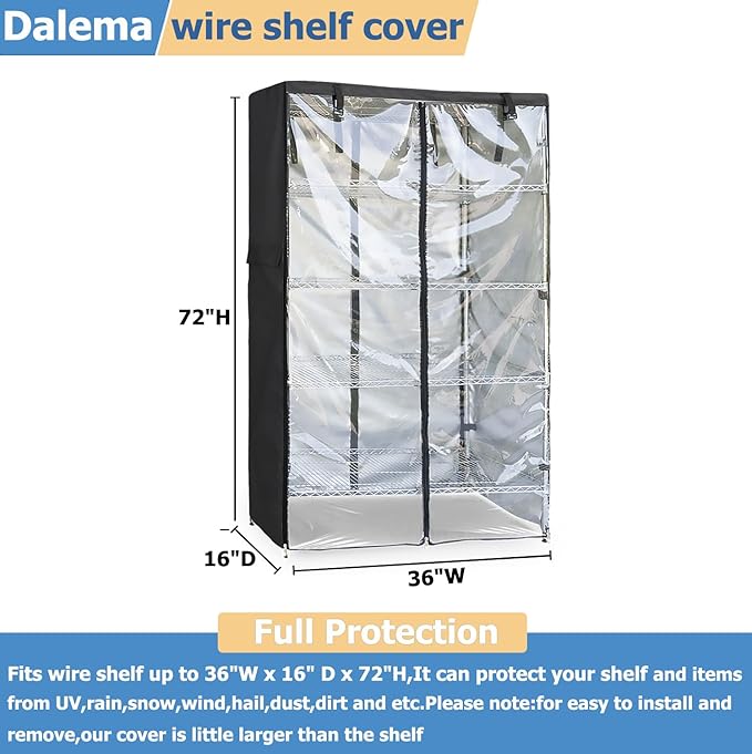 Waterproof Shelf Cover,Outdoor 600D Heavy Duty Dustproof Storage Shelves Cover,36''x16''x72'' Shelf Covers for Wire Shelving with Zippers,Storage Rack Covers with Clear Front