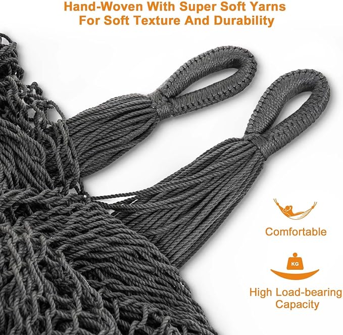 Lazy Daze Hammocks Handwoven Mayan Hammock, 10.5 FT Soft Rope Double Hammocks, Portable Outdoor Hammock with Carry Bag, 2 Straps & Carabiners for Patio Outside, 550 lbs Weight Capacity, Gray