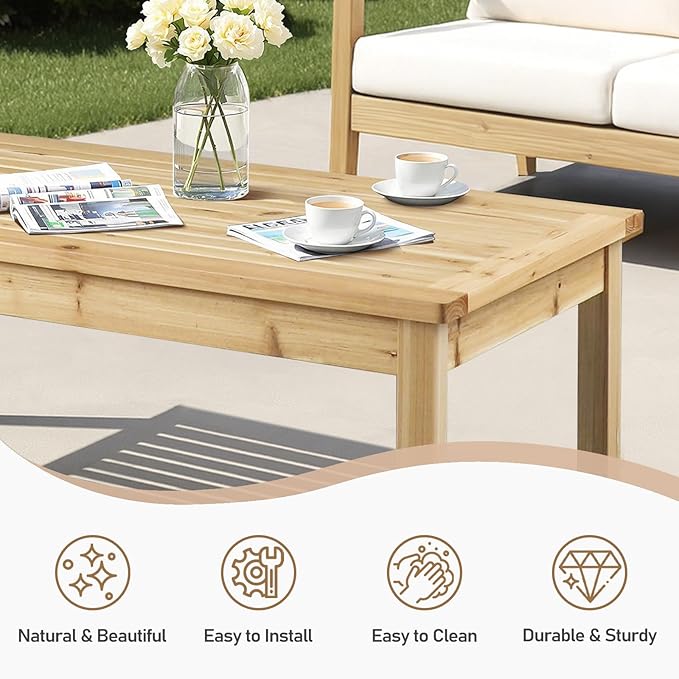 VINGLI Solid Wood Patio Coffee Table, Outdoor Garden Tea Table for Porch Balcony Yard, 44.09" Long Rustic End Table, Weather-Resistant Wooden Console Table
