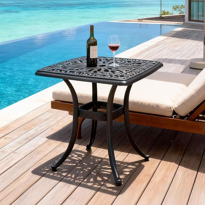 VINGLI 21” Outdoor Side Table, Cast Aluminum All-Weather Patio Side Table Small Outdoor Table Bistro Table for Outside, Porch, Balcony, Patio (Black)