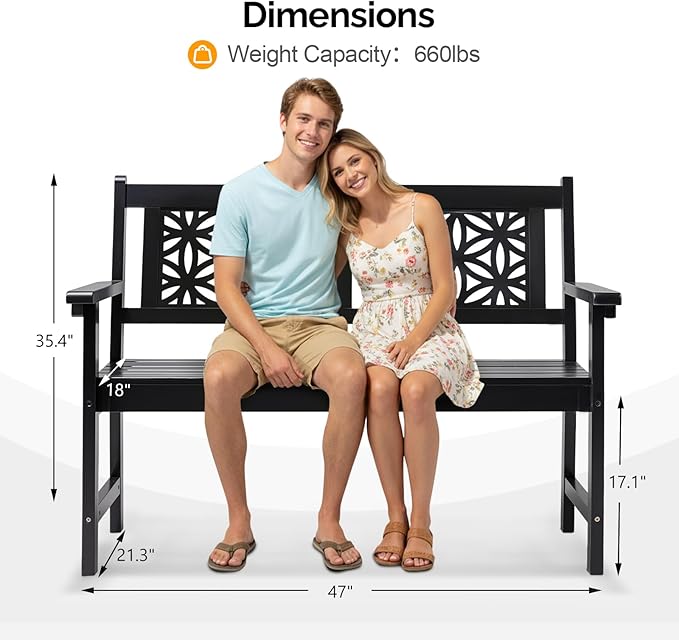 VINGLI 47" Outdoor Wood Bench, All Weather Outdoor Wooden Patio Garden Bench, Outside Loveseat 660lbs Capacity for Front Porch Park Entryway (Black)