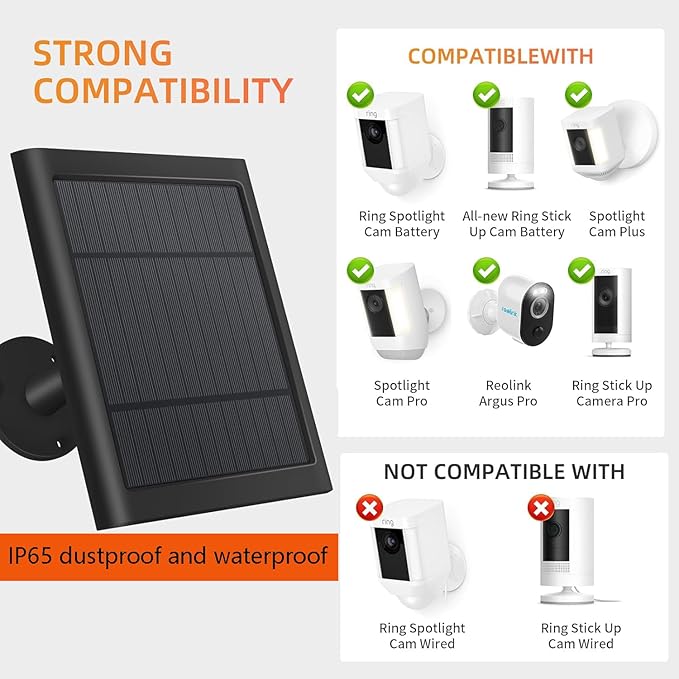 USB-C to Ring Barrel Plug 4Pack 4W Solar Charger for Ringing Spotlight & Stick Up Outdoor Cam, Black, High Efficiency, 10FT/3M Long Cable with IP65 dustproof and Waterproof