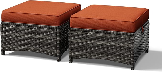 Joyside Outdoor Ottoman Set of 2, Patio Large Ottoman Foot Rest with Thickened Cushions, Outdoor Wicker Foot Stool for Porch, Deck Use