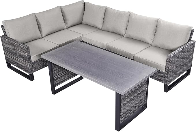 Belord Outdoor Sectional Sofa 6 Seater L Shaped Couch Wicker Patio Conversation Furniture Set with Tree-Grain Finish Metal Dining Table, Rattan Outdoor Furniture with Removable Washable Cushion Beige