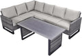 Belord Outdoor Sectional Sofa 6 Seater L Shaped Couch Wicker Patio Conversation Furniture Set with Tree-Grain Finish Metal Dining Table, Rattan Outdoor Furniture with Removable Washable Cushion Beige