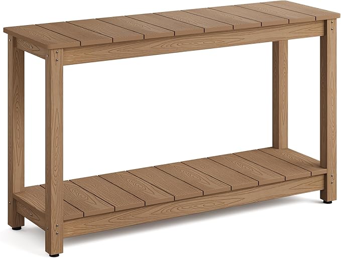 Stoog All-Weather Patio Console Table, 2-Tier Outdoor Table with Adjustable Feet, Never Fade or Rot, for Backyard, Deck, Entryway, and Garden, Teak