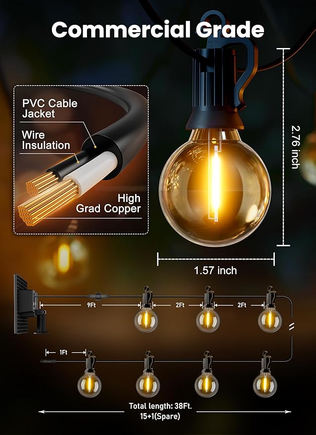 Brightown 38FT Solar String Lights Outdoor with Remote and 16 LED Shatterproof Bulbs, Dimmable & Timable, 3 Light Modes, Solar Patio String Lights Outdoor for Cafe, Garden, Deck, Outside Wedding