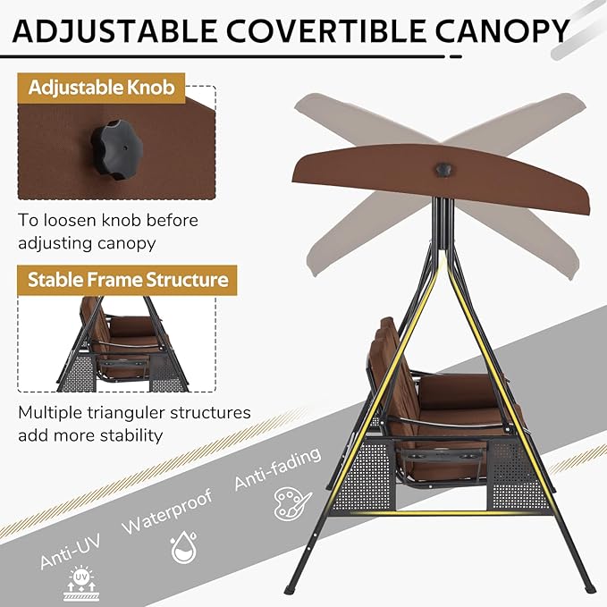 U-MAX 3-Seat Porch Swing Chair Steel Frame, Patio Swing Chair with Stand and Removable Cushions, Outdoor Canopy Swing Chair for Outside, Backyard, Garden, Brown Cushion
