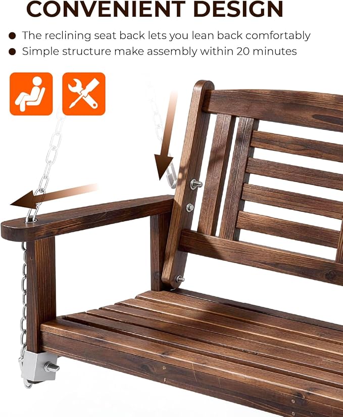 Outvita Wooden Porch Swing, Outdoor Patio Swing, 44" Swing Bench with Hanging Chains and Reclined Backrest for Deck, Garden,Yard, Balcony, Room 600 lbs Capacity Fir Wood (Carbonized Color)