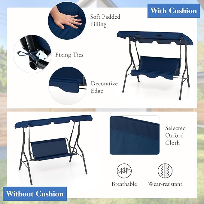 Porch Swing Outdoor, 3 Person Patio Swing w/Removable Cushion, Stand & Adjustable Canopy, Heavy Duty Swing Chair for Patio, Garden, Courtyard, Poolside