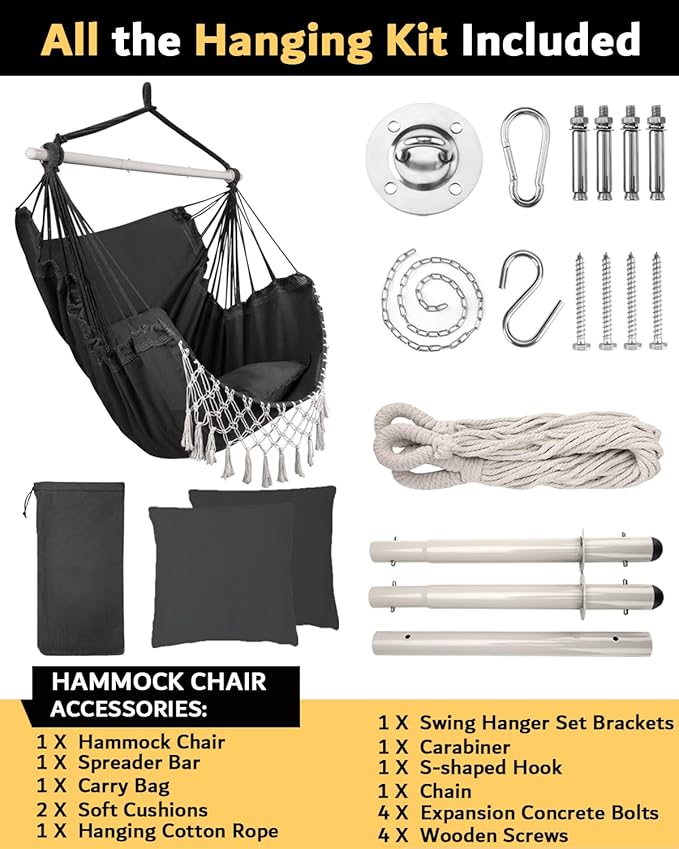 MIZTLI Hammock Chair Hanging Chair Swing Chair XXL Large Macrame Swing Indoor Hammock for Bedroom - Max 500 Lbs - 2 Cushions & All Hanging Kit Included