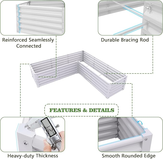 A ANLEOLIFE Set of 8, 18 Inch Tall Antique White Raised Garden Beds Kit, L-Shaped & Rectangular Metal Planters – Ideal for Backyard Vegetables Flowers Herbs