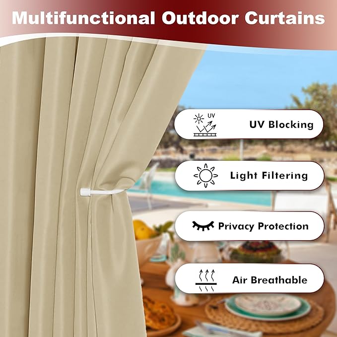 HolidayIdeas Grommet Outdoor Curtains for Patio Waterproof 8 Pcs All Weather Balcony Outside Curtain Drapes for Apartments, Gazebo, Pergolas, Porch, 54x84 Inch, Cream