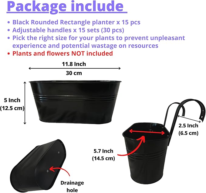 LaLaGreen Rail Planter Outdoor Plants(11.8 Inch, 15 Pack) Black Metal Iron Hanging Flower Pots Deck Railings Fence Buckets Modern Countryside Boho Style Wall Mount Window Box Plant Holder Porch Decor