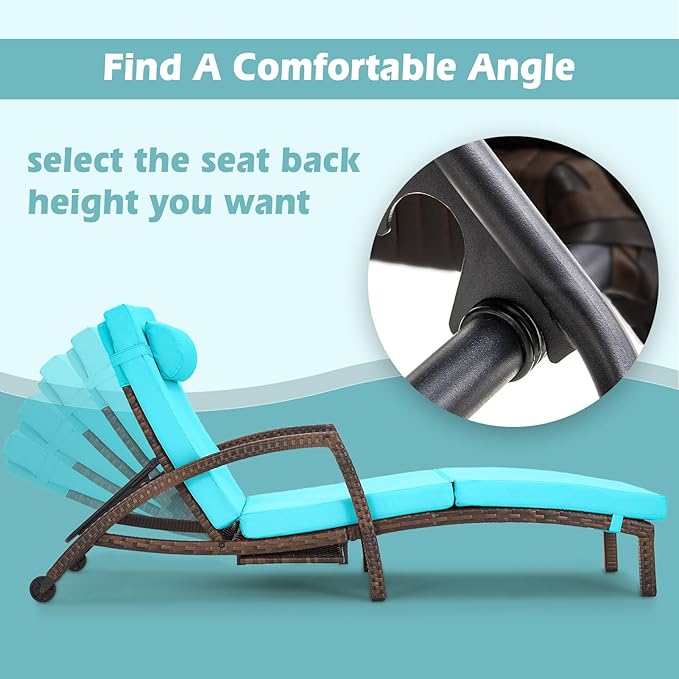 Chaise Lounge Chairs Outdoor Set of 2, Comfy Outside Wicker Patio Pool Lounge Chair w/ 5 Adjustable Back Angle, Cup Holder, Thicken Cushion
