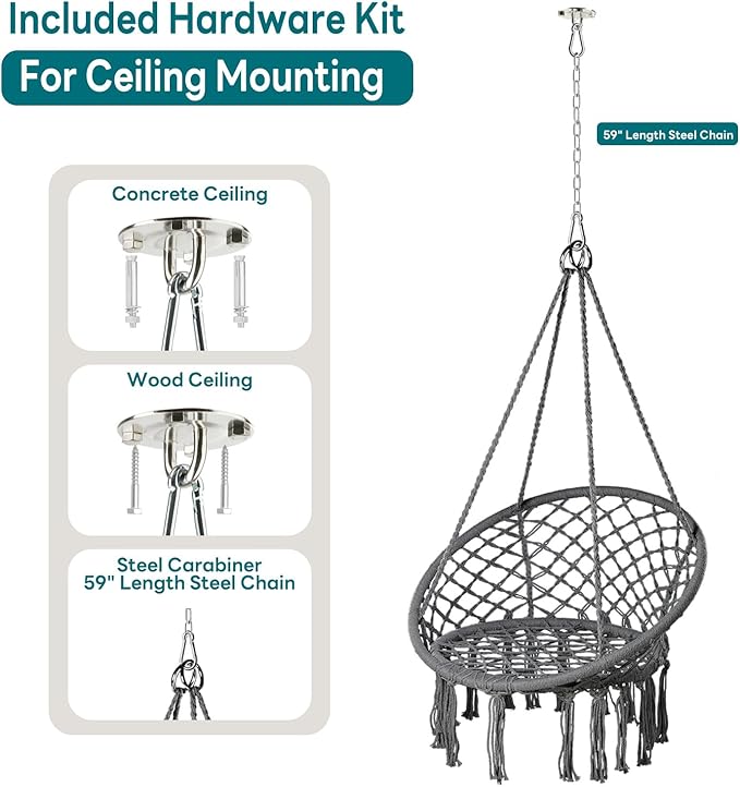 JoyView Macrame Hammock Chair Hanging Swing Chair Max 330 Lbs with 2 Cushions and Hardware Kits for Indoor Outdoor Bedroom Patio Garden - Dark Grey