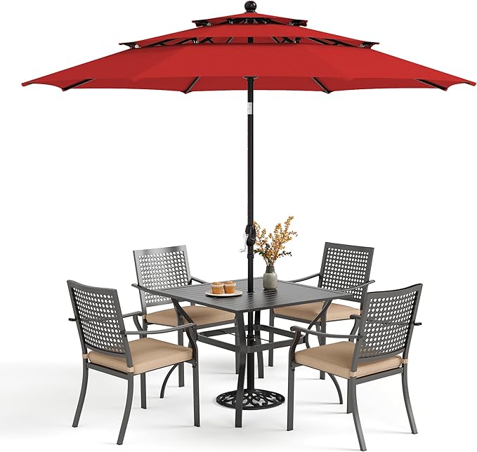 PHI VILLA 5 Pieces Outdoor Dining Set for 4 with 10ft Umbrella, 37" Metal Square Table & Stackable Wrought Iron Chair with Cushions & Red Umbrella, Modern Furniture Set for Patio, Deck, Yard, Porch