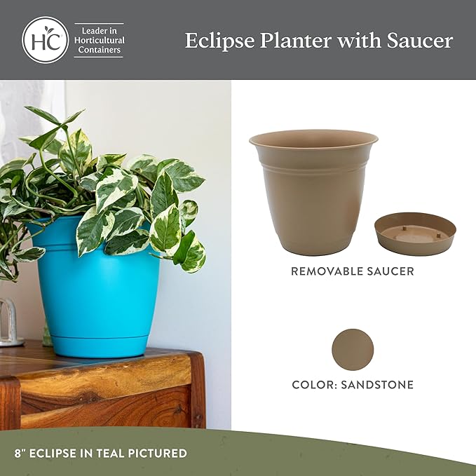 The HC Companies 10 Inch Eclipse Round Planter Pots with Drainage Holes & Attached Saucer, Lightweight UV-Resistant Plastic Indoor & Outdoor Planters, 2-Pack Flower Pots, Garden Home Decor, Sandstone