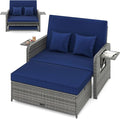 HAPPYGRILL Patio Rattan Wicker Daybed with Loveseat & Storage Ottoman, Outdoor Lounge Sofa Furniture Set with Adjustable Backrest & Side Trays, for Poolside Deck Porch Lawn (Mix Grey & Navy)