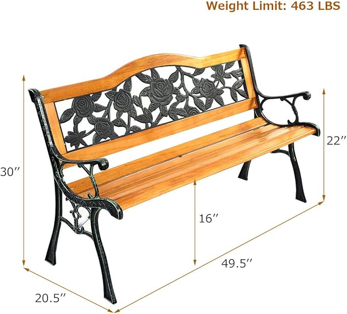 Giantex 50 Inch Patio Bench, Outdoor Furniture Rose Cast Iron Hardwood Frame Porch Loveseat, Weather Proof Porch Path Chair for 2 Person Outside Bench