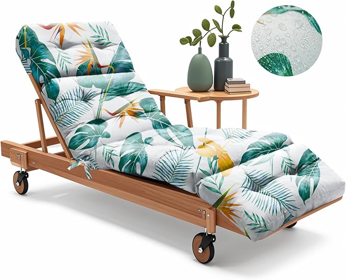 Outdoor Chaise Lounge Chair Cushion 75.1 x 22.8 x 4.7 Inches 100% Waterproof Replacement Cotton Patio Pool Lounge Chair Cushion for Outdoor Furniture with Ties, Yellow-Green Leaf