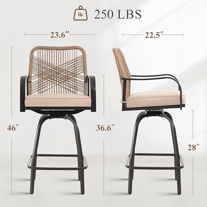 Outdoor Bar Stools Set of 4, 360° Swivel Metal Frame, Wicker Patio Bar Height Stools with Cushion, All-Weather Rattan Chair Design for Patio Backyard, Lawn Garden, Balcony, Poolside