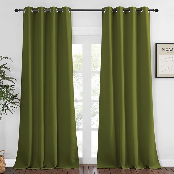 NICETOWN Blackout Room Darkening Window Curtain - Thermal Insulated Solid Grommet Blackout Patio Door Curtain/Drape for Living Room (Olive Green, 1 Panel, 52 by 95-inch)