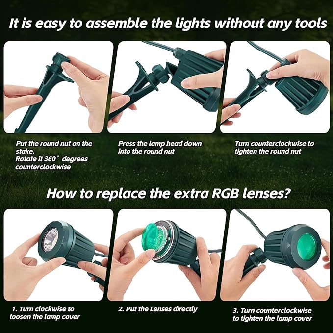Spotlight Outdoor – 120V Plug-in, 2700K Warm White LED Landscape Spot Lights with RGB 3 Lenses for Yard, Garden, Lawn&Tree Decor, IP67 Waterproof, Perfect for Holidays&Everyday (1 Pack, Green)