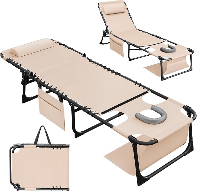 Devoko Beach Lounge Chair, Outdoor Sun Tanning Chair with Face Hole, Heavy Duty Folding Portable Lay Chaise Lounge Chairs for Outside Beach Pool Camping Patio, Beige
