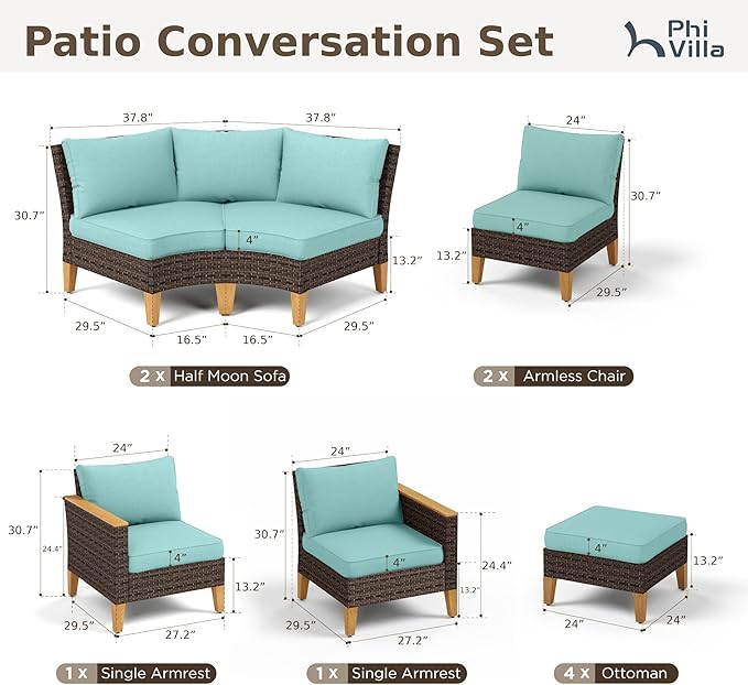 PHI VILLA 10-Piece Wicker Patio Furniture Set, Outdoor Half-Moon Curved Sectional Sofa with 4 Ottomans, 2 One Armrest Seats, 1 Armless Sofa, Large Conversation Seating for Garden or Backyard,Aqua Blue
