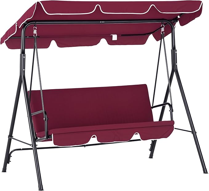 Outsunny 3-Seat Outdoor Patio Swing Chair with Removable Cushion, Steel Frame Stand and Adjustable Tilt Canopy for Patio, Garden, Poolside, Balcony, Backyard, Wine Red