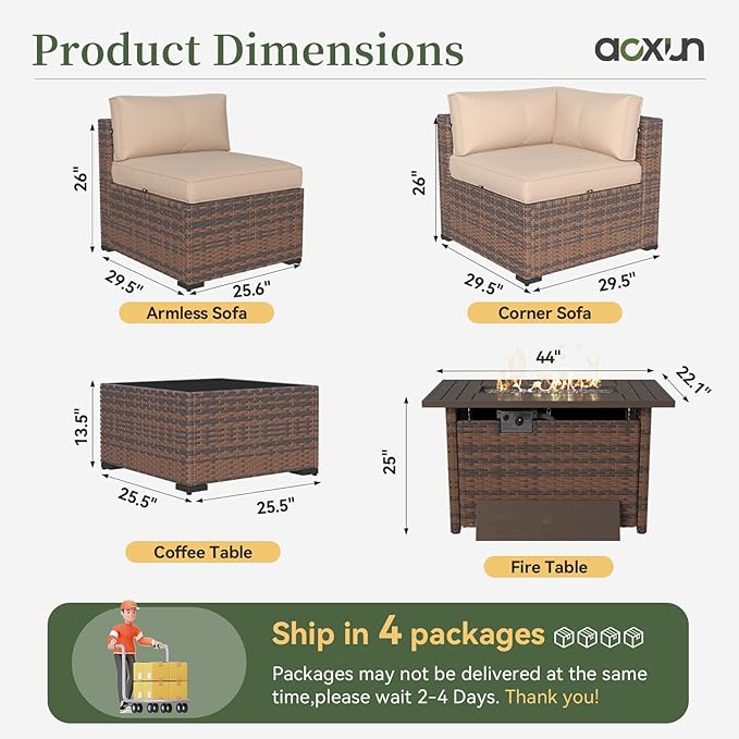 Aoxun 12 Piece Patio Furniture Set with 44” Fire Pit Table Wicker Rattan Outdoor Sectional Sofa Set with Coffee Table and Thickened Cushions, Beige (Waterproof Cover Included)