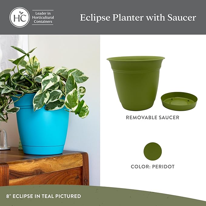 The HC Companies 20 Inch Eclipse Round Planter Pots with Drainage Holes & Attached Saucer, Lightweight UV-Resistant Plastic Indoor Outdoor Planters, 2-Pack Flower Pots for Garden & Home Decor, Peridot