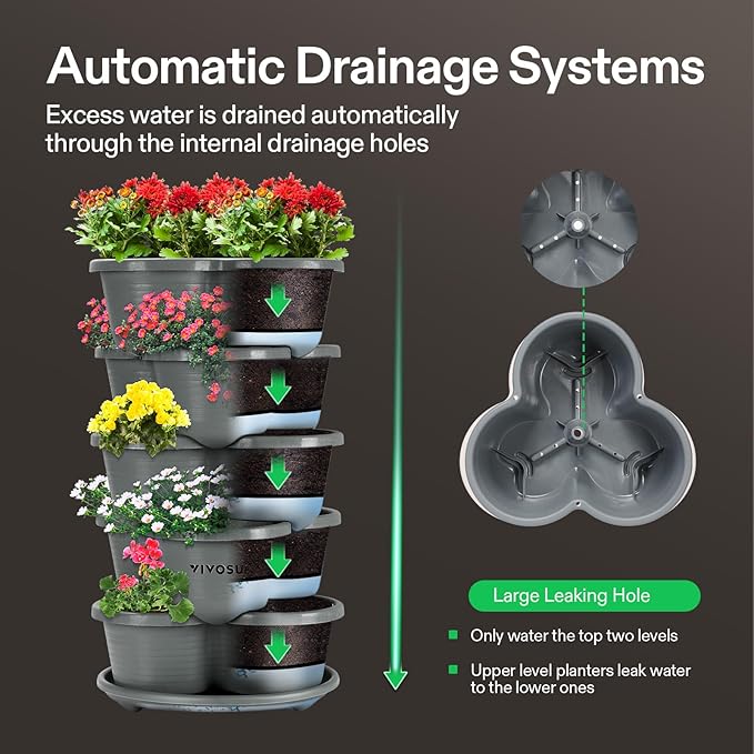 VIVOSUN 2-Pack 5 Tier Vertical Gardening Stackable Planter for Strawberries, Flowers, Herbs, Vegetables, Grey