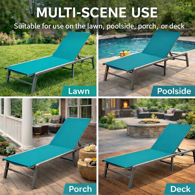 Kozyard Outdoor Foldable Lounge Chair, Aluminum Frame Patio Lounger with 5-Position Adjustable Backrest, Breathable Textilene Fabric, Assemble-Free, Reclining Full-Flat Poolside(Aqua)