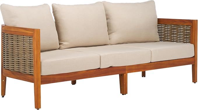 SAFAVIEH Outdoor Collection Amanda Natural Acacia Solid Wood/Taupe Cushion 3-Seater Sofa